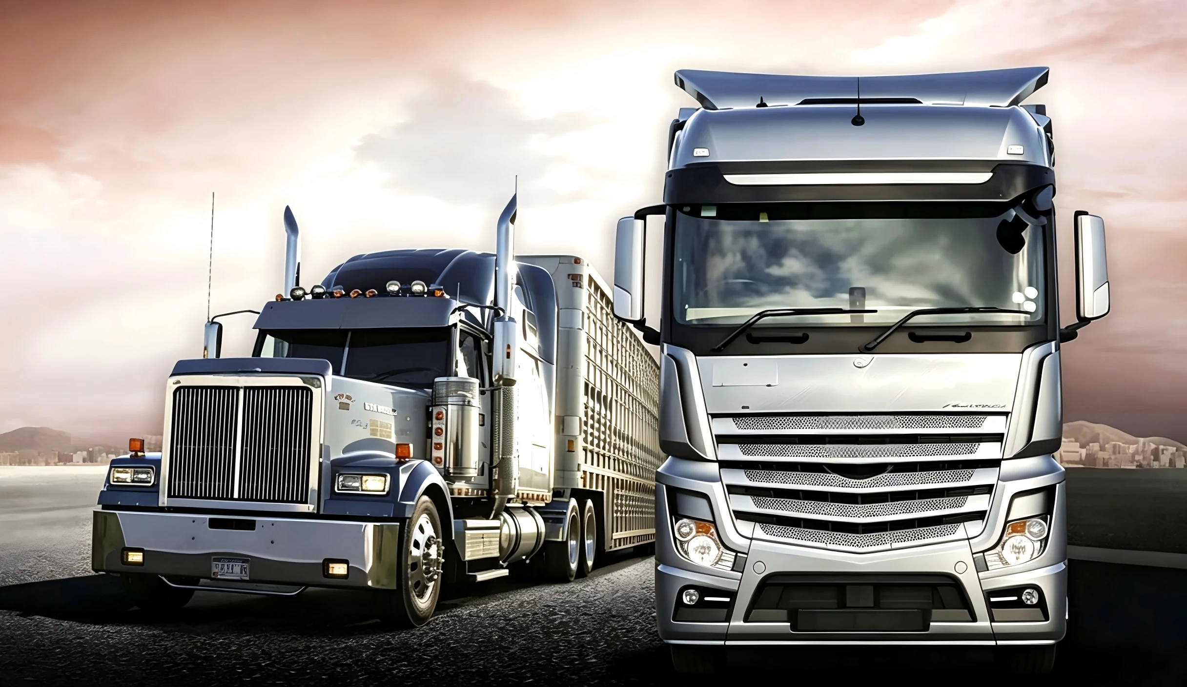 Heavy trucks and trailers on the road