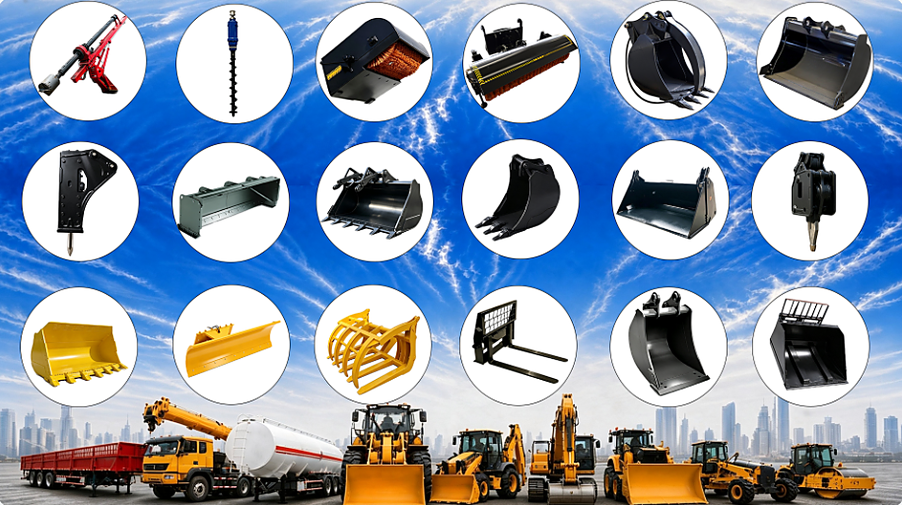 Psenda attachment matrix — buckets, grapples, breakers, forks and specialty tools under open sky