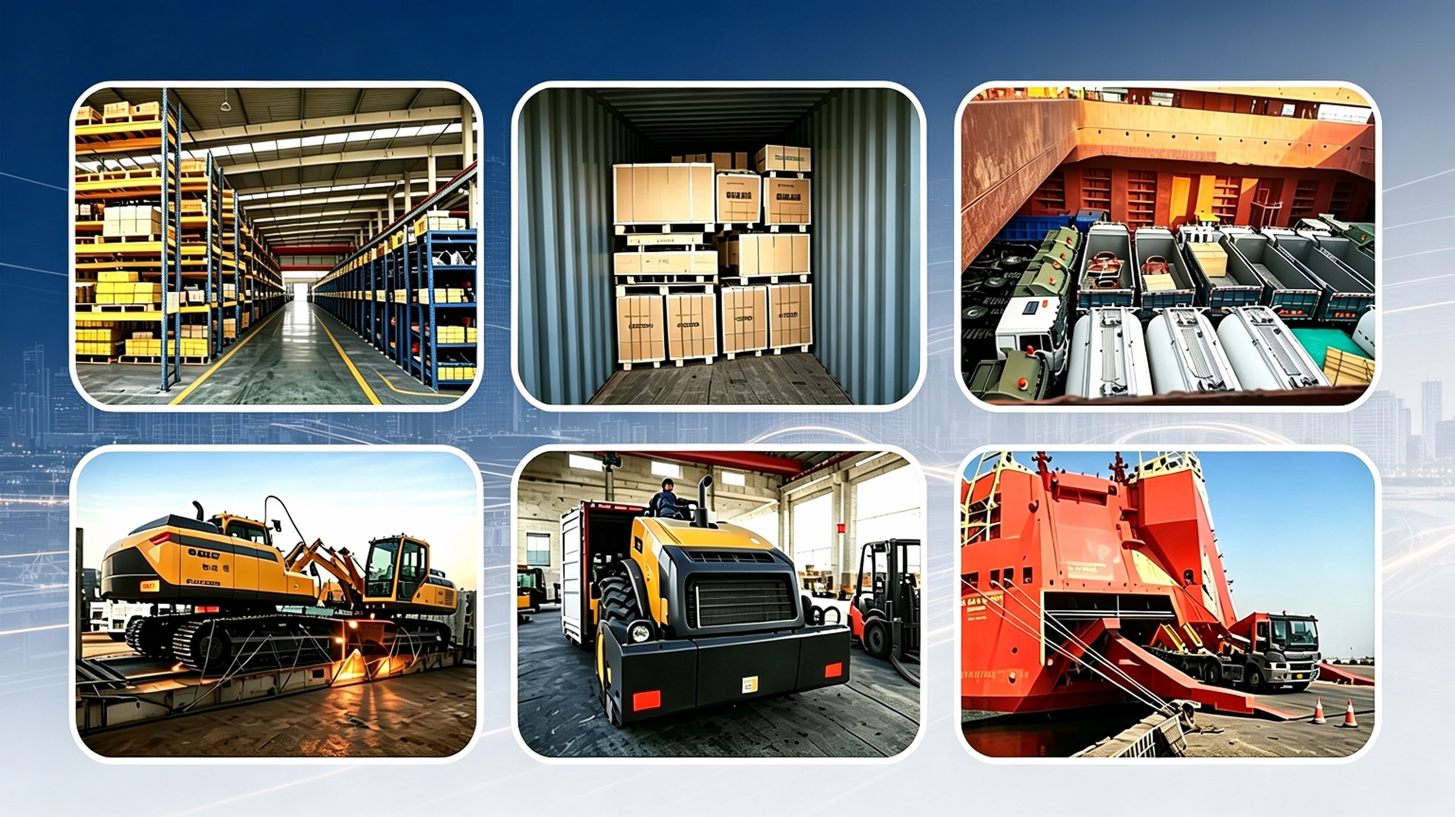 Psenda warehouse and container loading — finished machines packed for global export